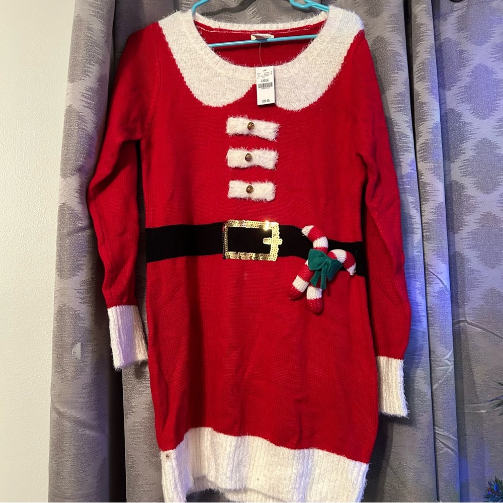NWT Santa holiday Christmas dress- sz Junior Lg - with attached jingle bells